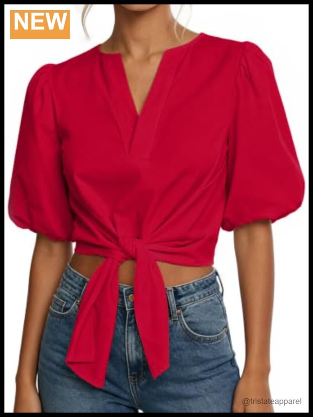 Puff Sleeve Tie Front Crop Top Blouse with Back Buttons